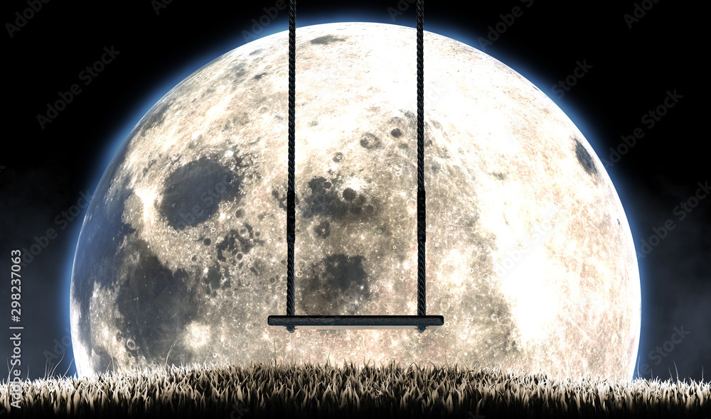 Naklejka premium Empty Childrens Swing And Moon Silhouette