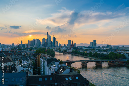 Aerial view of Frankfurt am Main skyline at sunset