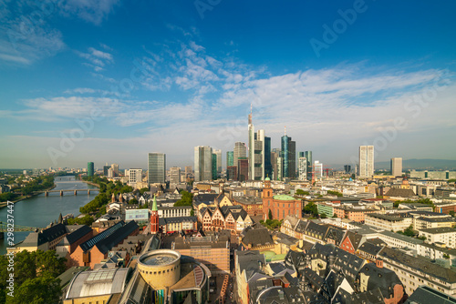 Aerial view of Frankfurt skyline and River Main