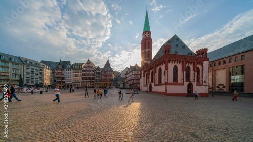 Frankfurt Romerberg square, old town at dawn, sunrise