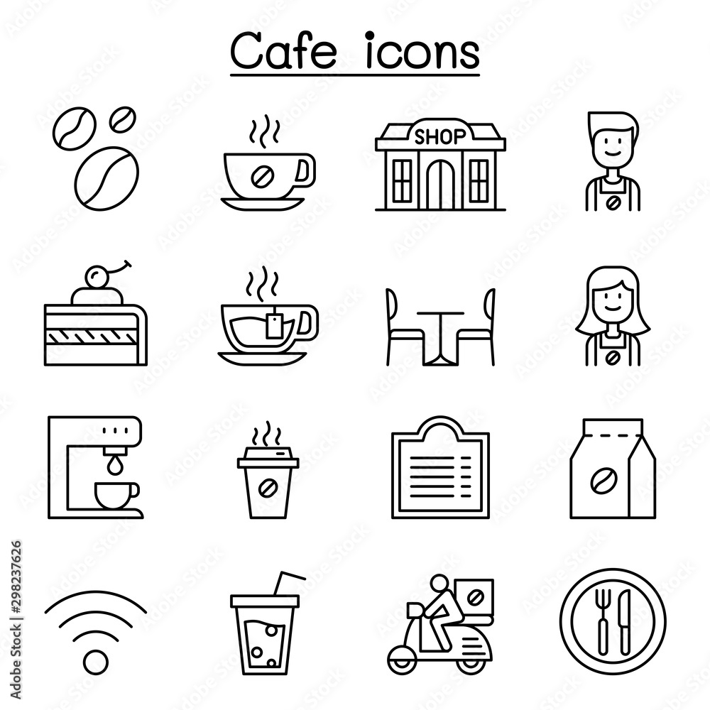 Cafe, Coffee icon set in thin line style Cafe, Coffee icon set in thin line style