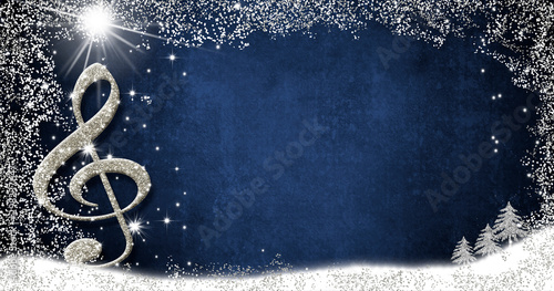 Christmas musical card, treble clef  and fir trees silver glitter