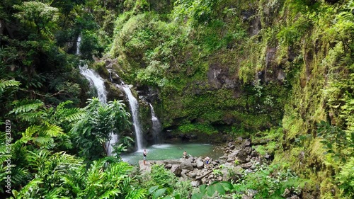 Maui, Hawaii Hana Highway - Three Bears Falls, Upper Waikani Falls. Road to Hana connects Kahului to the town of Hana Over 59 bridges, 620 curves, tropical rainforest. Gimbal cinematic ProRes 422