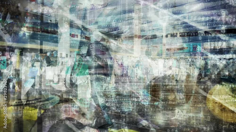 People and data grunge abstract.  Complex colourful composite of people and changing numbers.