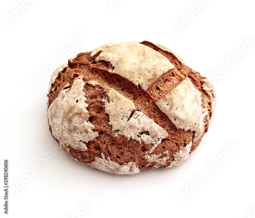 Freshly baked, handmade rural rye bread, isolated on white background.