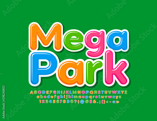 Vector colorful modern Banner Mega Park. Bright funny Font for Children.. Playful Alphabet Letters, Numbers and Symbols.