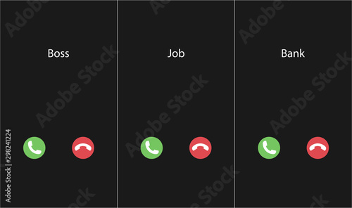 Vector illustration with the inscription: Boss, Job, Bank caller. Phone interface with two icons accept or reject a call