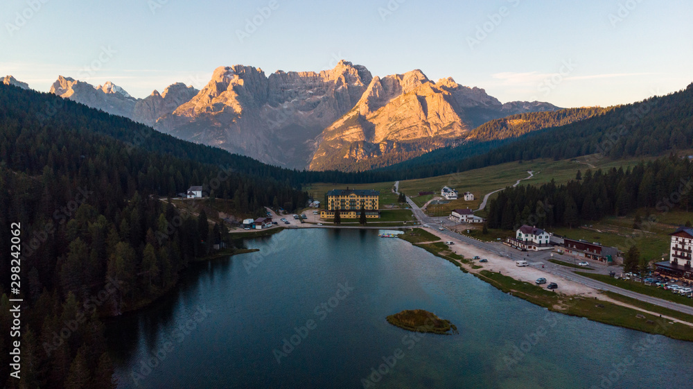 Misurina Lake at Sunrise. Aerial Photography from Drone