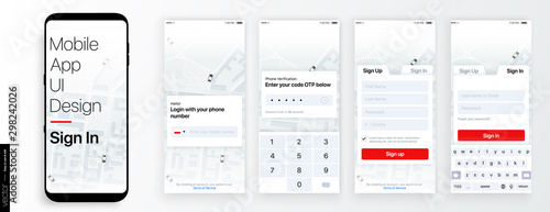 Design of the Mobile Application UI, UX. Set of GUI Screens with Login and Password input, Sign In and Sign Up