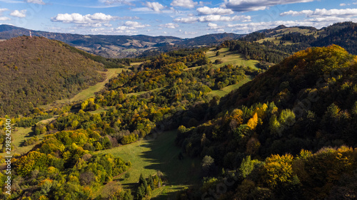 Beautiful Autumnal Foliage in Woodlands in Pieniny Mountains. Drone View