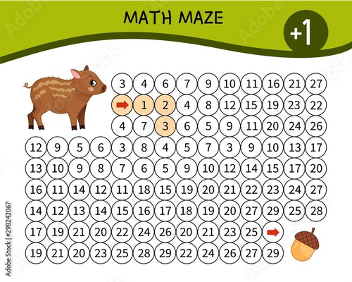 Maze game for children. Material for learning mathematics. Cartoon cute little boar.