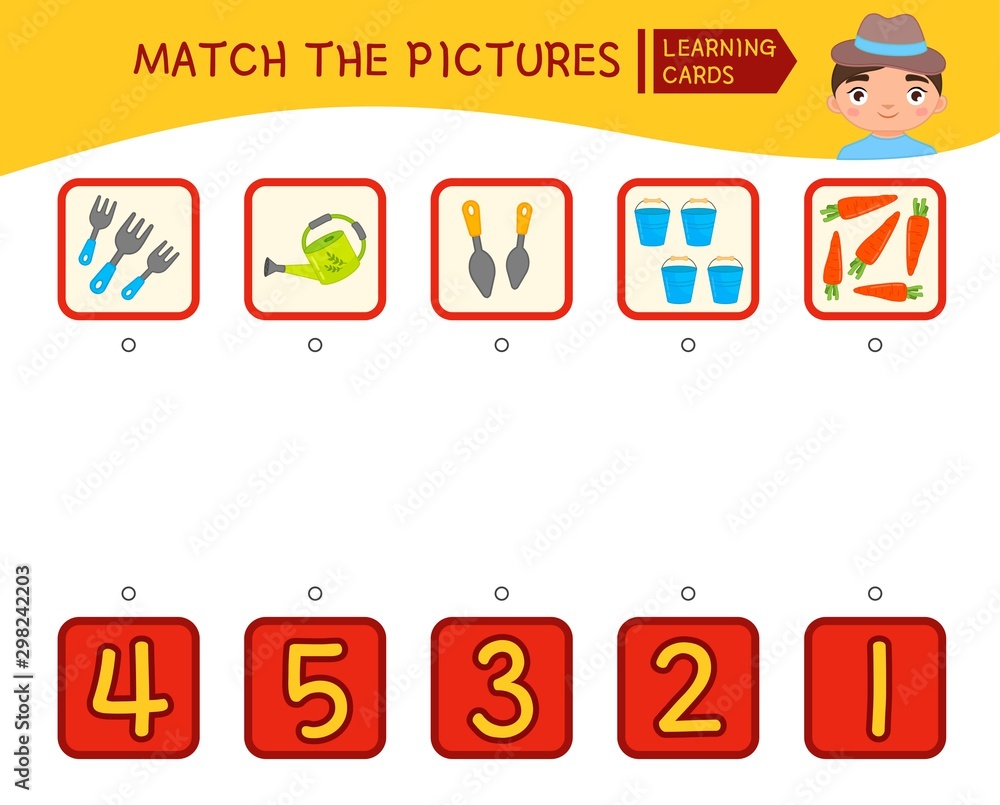 Counting educational children game, math kids activity sheet.  Match the pictures.