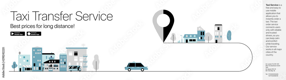 Taxi Transfer Service. Minimalistic vector illustration in monochrome tones in a flat style. Banner, advertising sign, poster, web banner.