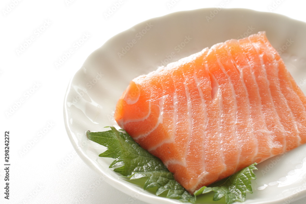 Freshness salmon for Japanese sashimi on herbal boba Freshness salmon for Japanese sashimi on herbal boba