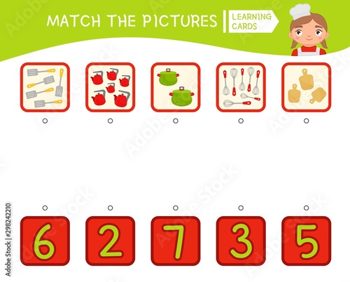 Counting educational children game, math kids activity sheet.  Match the pictures.