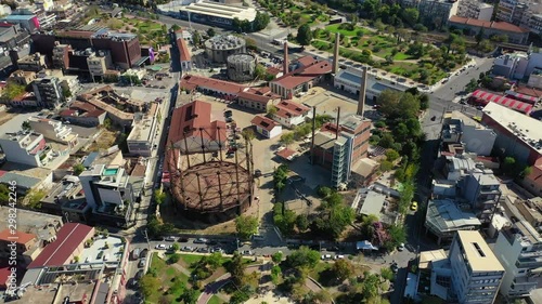 Aerial drone video of famous urban public area of Gazi and Kerameikos in the heart of Athens, Attica, Greece photo