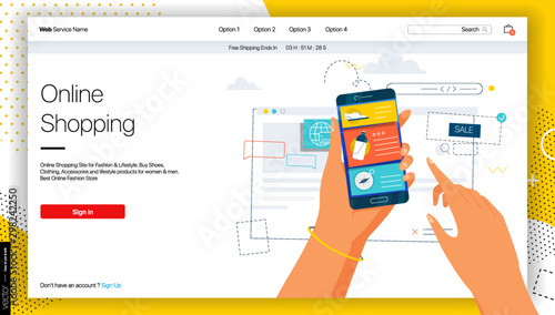 Shopping Online on Website or Mobile Application. Creative concepts of web page design for website and mobile website development. Seo landing page. Flat style illustration.