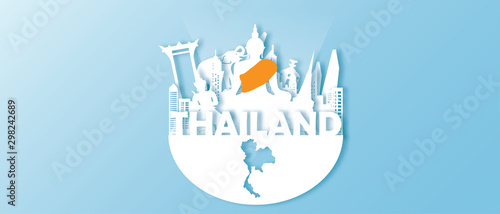 Thailand Travel postcard panorama, poster, tour advertising of world famous landmarks in paper cut style.