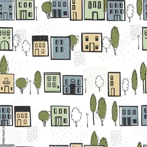 Hand drawn cute houses. Vector seamless pattern.