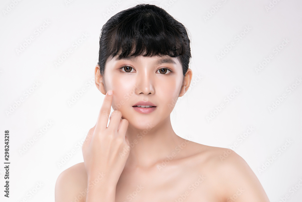 Beautiful young Asian woman touching soft cheek and smile with clean and fresh skin. Happiness and cheerful with, isolated on white background, Beauty and Cosmetics Concept, Beautiful young Asian woman touching soft cheek and smile with clean and fresh skin. Happiness and cheerful with, isolated on white background, Beauty and Cosmetics Concept,