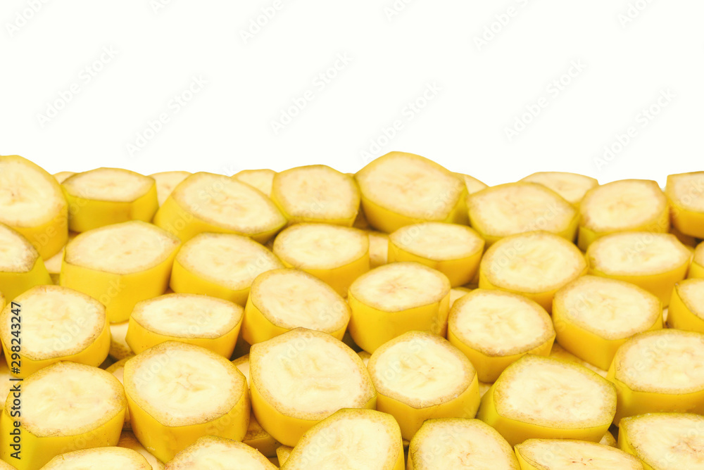 Fresh banana slices background. Top view. Fresh banana slices background. Top view.