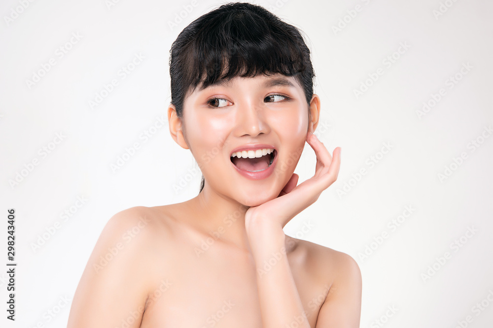 Beautiful young Asian woman touching soft cheek and smile with clean and fresh skin. Happiness and cheerful with, isolated on white background, Beauty and Cosmetics Concept, Beautiful young Asian woman touching soft cheek and smile with clean and fresh skin. Happiness and cheerful with, isolated on white background, Beauty and Cosmetics Concept,