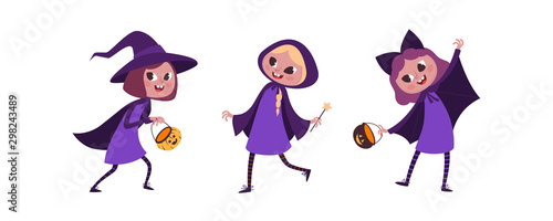 Happy Halloween  girls in a white background. Cute cartoon girls. Halloween costume party. Halloween costume party vector illustration