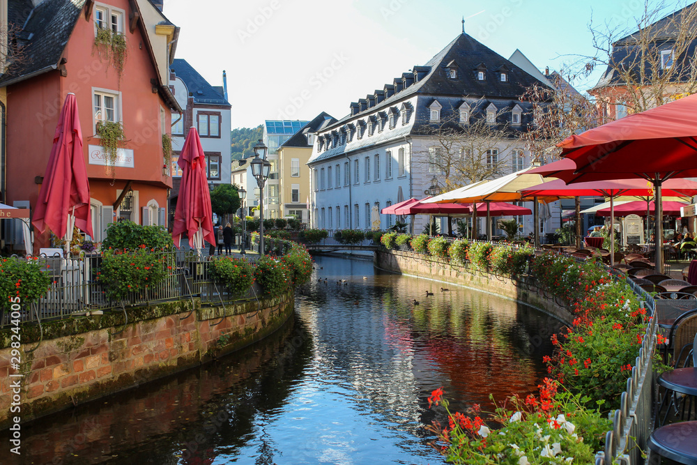 18 Oct 2019, Saarburg, West Germany - historical city center. Area near the river with restaurants. 