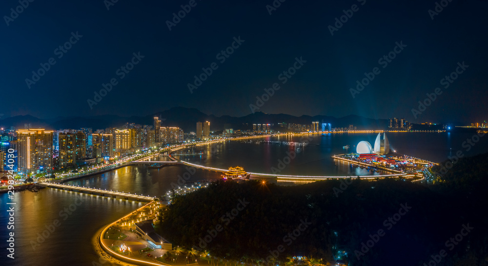 Couple Road and Beaver Island Beach Night View in Zhuhai City, Guangdong Province