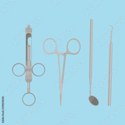 Dental tools icon set. Mouth mirror, periodontal explorer scaler. Dental equipment vector illustration isolated on white background. Flat style design.