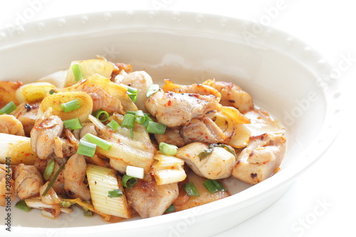 Korean food, chicken and kimchi stir fried with leek