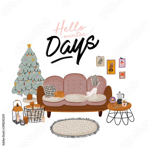 Scandinavian interior with home decorations - wreath, cat, plaid, gift, candles, table. Cozy Winter holiday season. Cute illustration and Christmas typography in Hygge style. Vector. Isolated.