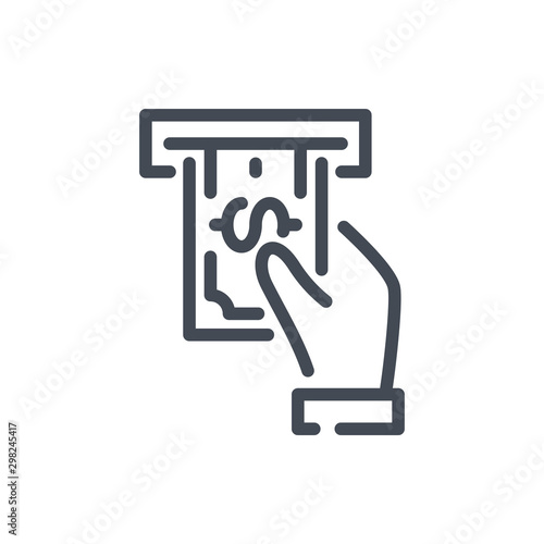 ATM cash out and cash in line icon. Hand with dollar note vector outline sign.