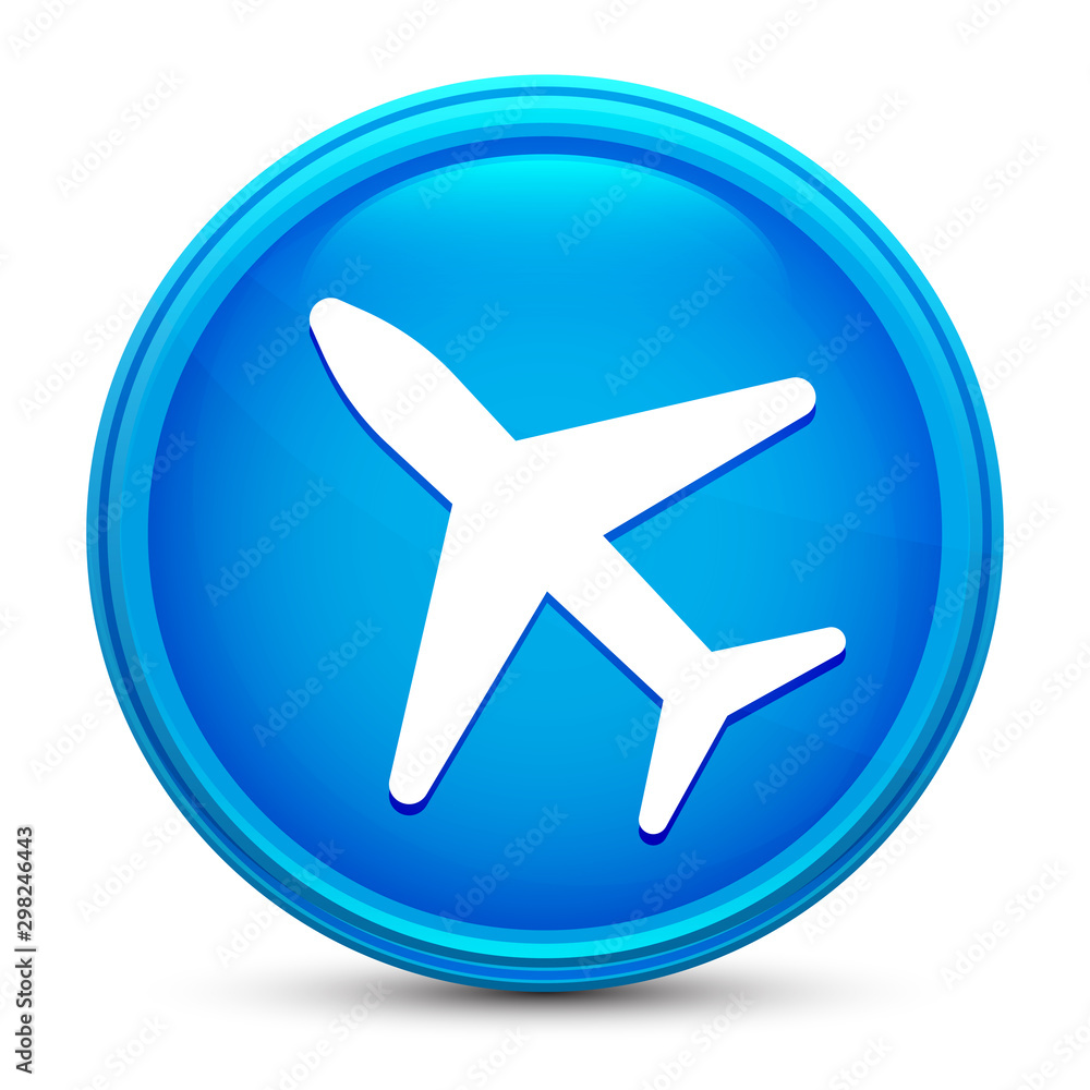 Plane icon glass shiny blue round button isolated design vector illustration