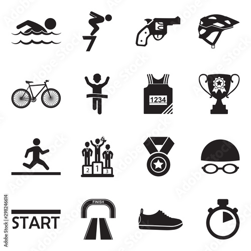 Triathlon Icons. Black Flat Design. Vector Illustration.