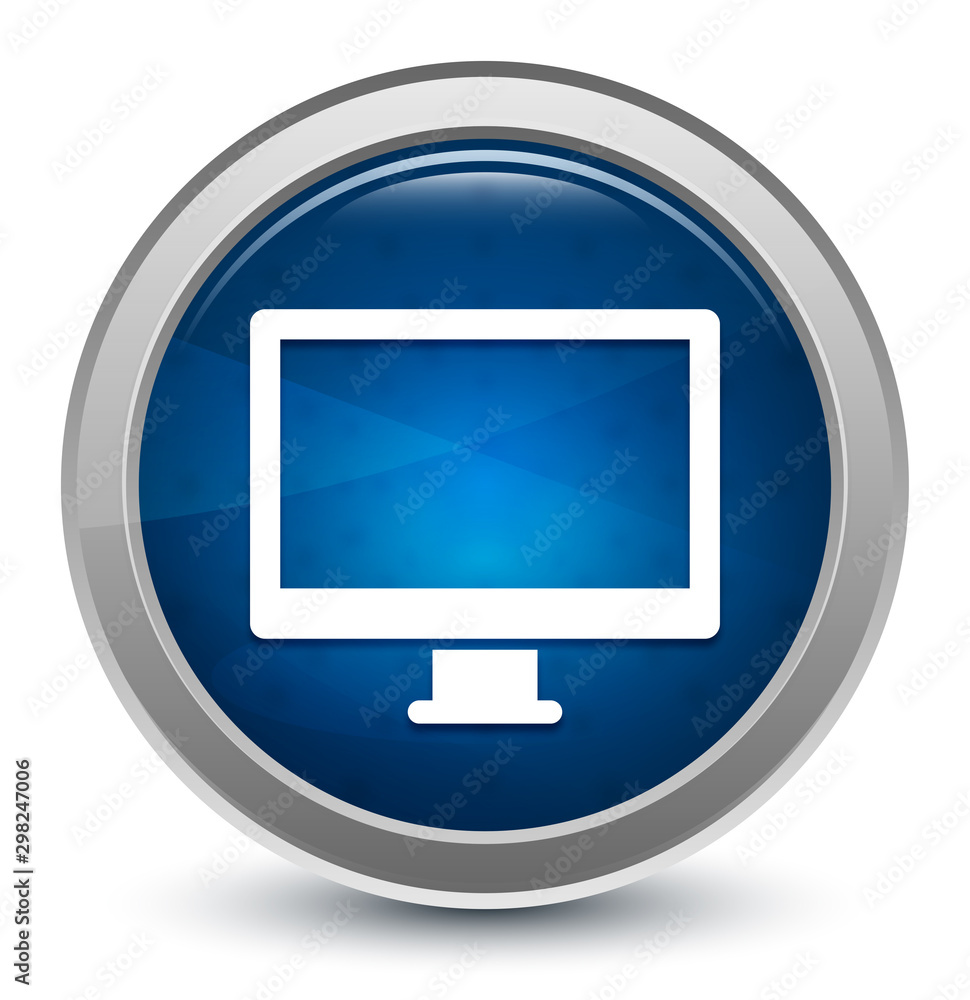 Monitor icon starburst shiny blue round button illustration design concept Monitor icon starburst shiny blue round button illustration design concept