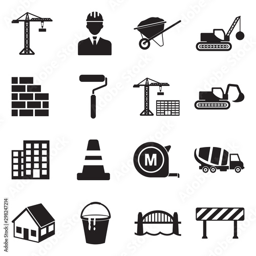 Building And Construction Icons. Black Flat Design. Vector Illustration.