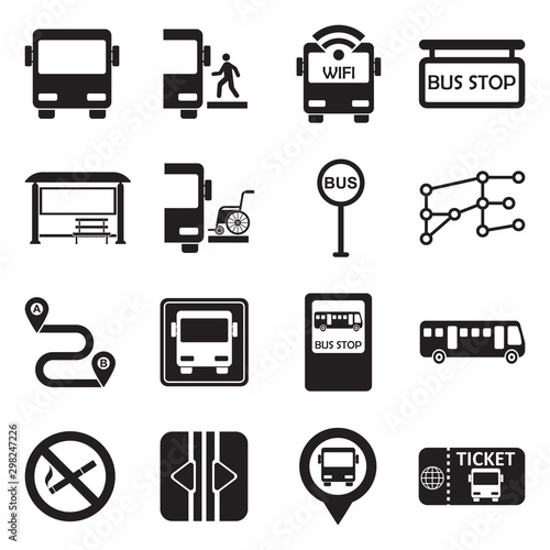 Bus Icons. Black Flat Design. Vector Illustration.