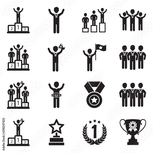 Champion Icons. Black Flat Design. Vector Illustration.
