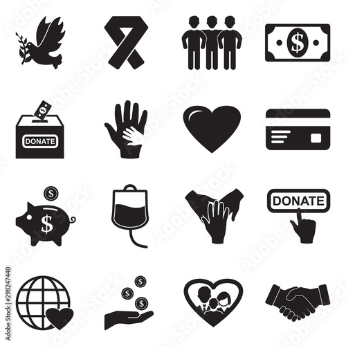 Charity Icons. Black Flat Design. Vector Illustration.