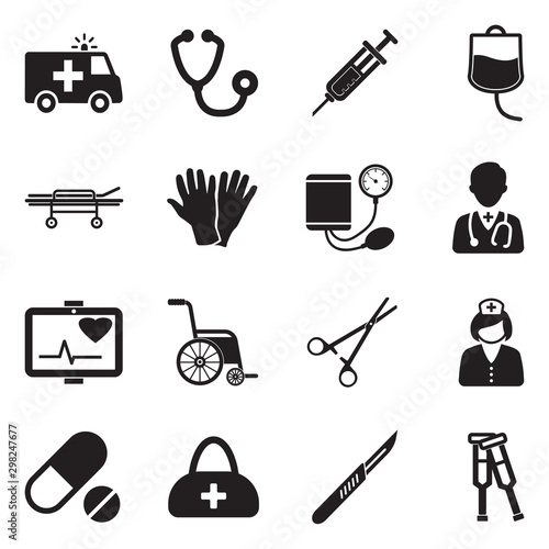 Emergency Ambulance Icons. Black Flat Design. Vector Illustration.