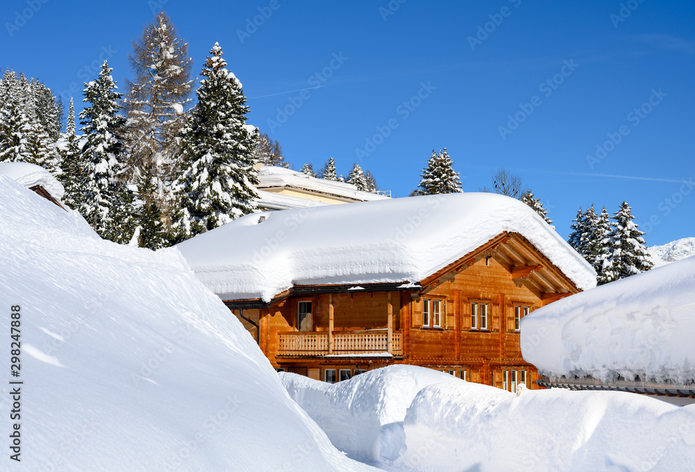 Wood chalet in  winter resort Davos - the home of annual  World Economy Forum.