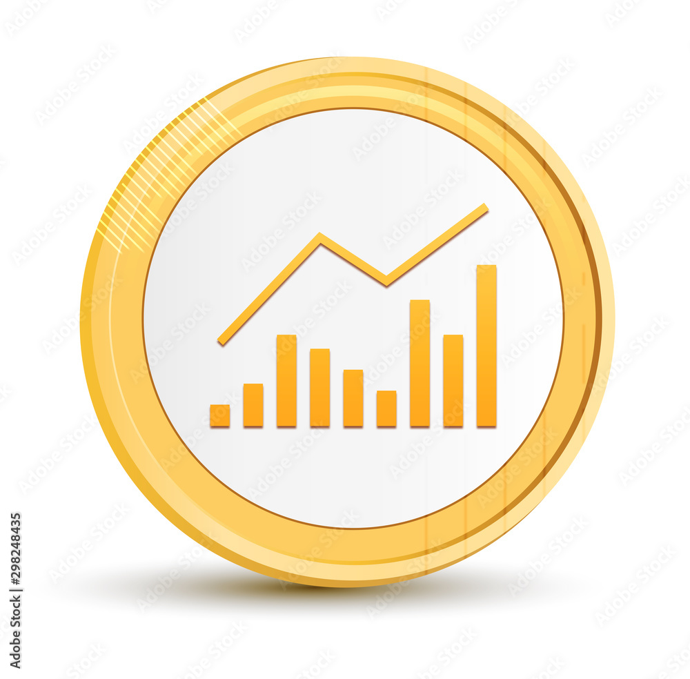 Statistics icon gold round button golden coin shiny frame luxury concept abstract illustration isolated on white background Statistics icon gold round button golden coin shiny frame luxury concept abstract illustration isolated on white background