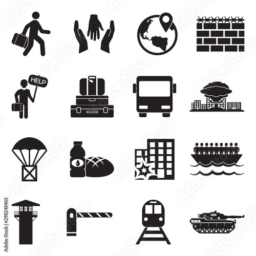 Refugee Icons. Set 2. Black Flat Design. Vector Illustration.