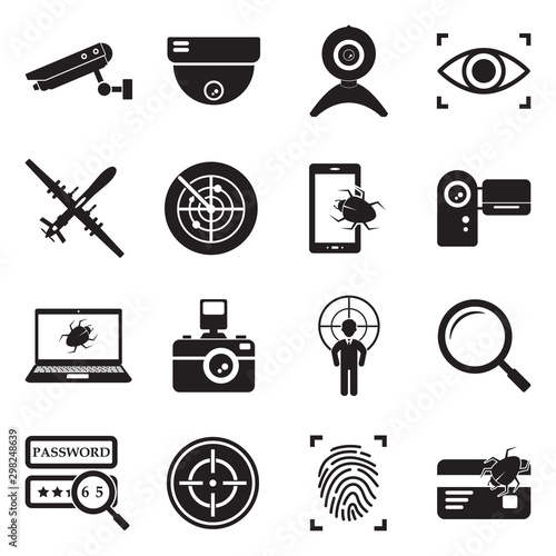 Surveillance Icons. Black Flat Design. Vector Illustration.