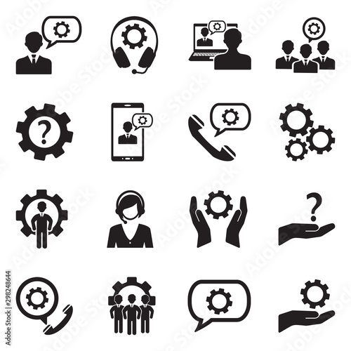Technical Support Icons. Black Flat Design. Vector Illustration.