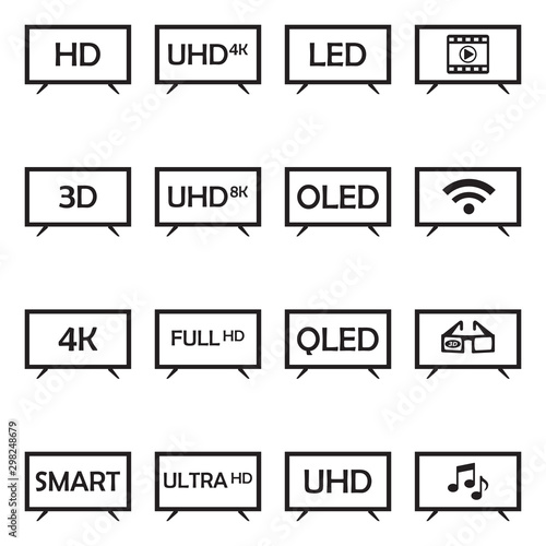 Television Icons. Black Flat Design. Vector Illustration.