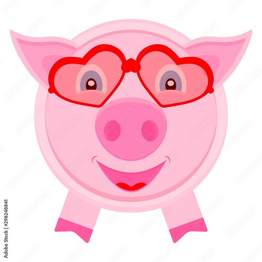 Naklejka premium Cute pig in glasses with hearts. Vector cartoon illustration. Clipart and drawing on white background. 