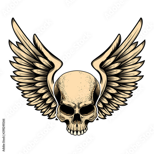Illustration of winged skull in tattoo style isolated on white background. Design element for logo, label, badge, sign. Vector illustration