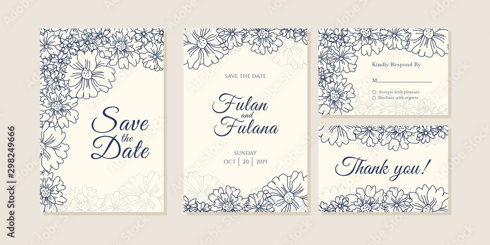 outline wedding invitation card set traditional retro rustic vintage modern abstract doodle hand drawn floral and beauty flower background template mockup ornament gold colorful vector illustration